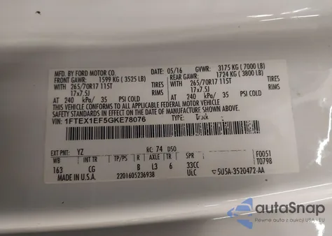 2016 Ford F-150 Xl z USA, uszkodzony, nr VIN 1FTEX1EF5GKE78076